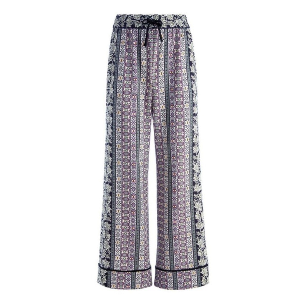 Alice & Olivia Meera Piped‎ Palazzo Pants Mixed Print Wide Leg Navy Floral XL